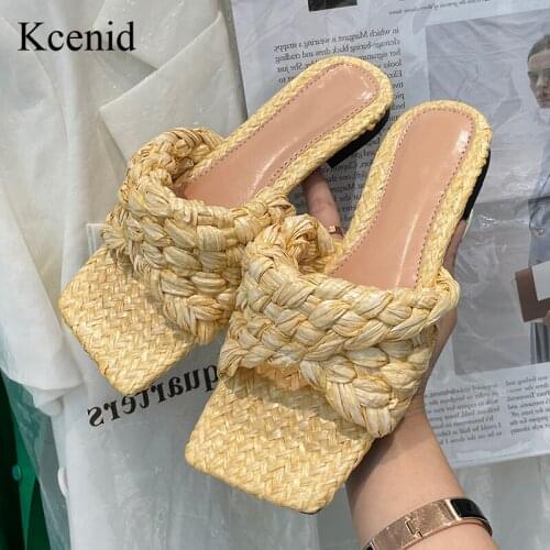 Kcenid 2021 New Summer Slippers Fashion Woven Braid Fold Flat Mules Shoes Square Toe Flip Flops Party Sandals For Women Apricot