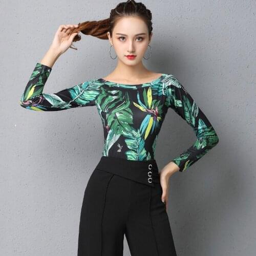 Latin Dance Tops Ladies Adult 2020 New Standard Ballroom Salsa Dance Practice Clothes Sexy Long-Sleeved Printing Shirt DL6720