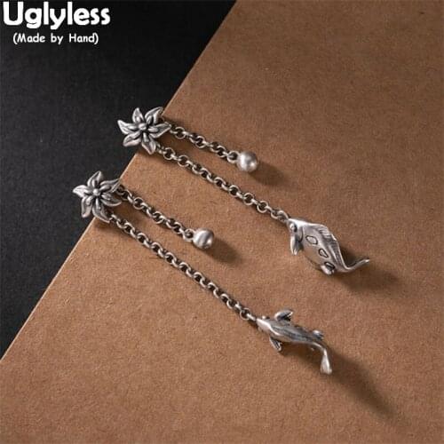 Uglyless Handmade Thai Silver Fishes Earrings for Girls Students Real 925 Silver Flowers Tassel Earrings Vintage Women Jewelry