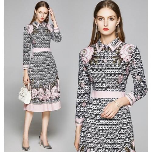 Euro-American New England Style Design Print Knee-Length Shirt Dress Elegant Fashion Office Tunic Slim Button A-Line Party Dress