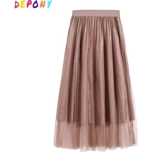 Depony Summer Elastic High Waist tulle skirt Shining Bling jupe tulle Womens Pleated MiDi Skirts