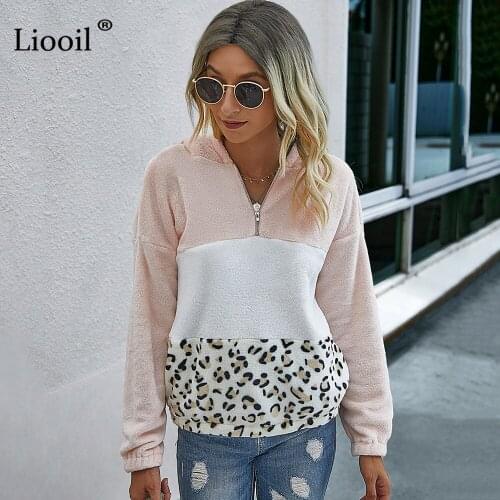 Liooil Patchwork Leopard Print Hoodies Women 2020 Plush Color Block Zip Up With Pockets Autumn Winter Sweatshirts And Pullovers