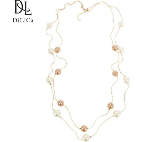 DiLiCa Trendy Korean Style Long Necklace for Women Imitation Pearl Layered Sweater Chain Necklace Female Simple Fashion Necklace