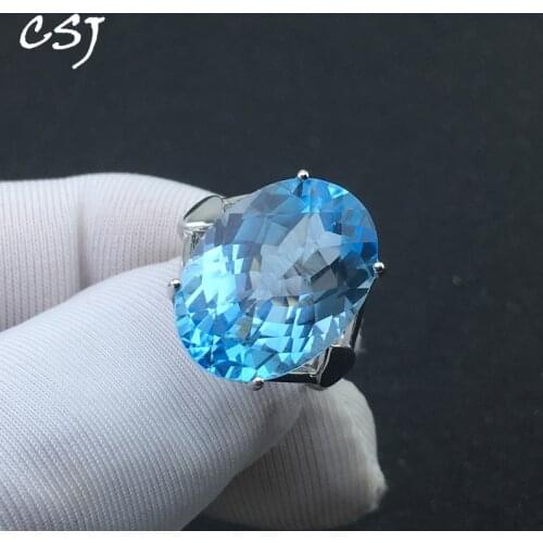 CSJ Natural Sky Blue Topaz Rings Sterling 925 Silver Gemstone Oval13*18mm 15.5ct For Women Lady Wedding Engagment Party Gift Box