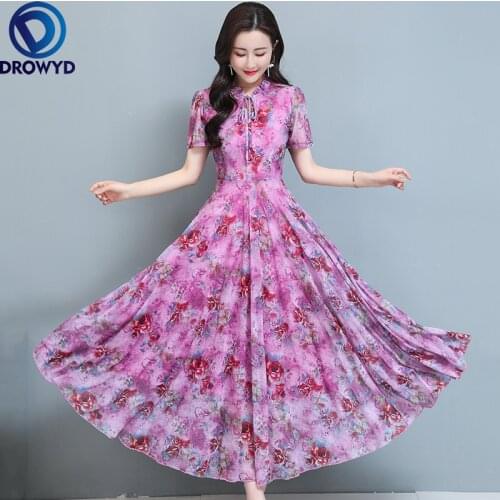 2021 Purple Boho Beach Summer Dress New Large Size Women Short Sleeve Floral Print Long Chiffon Dresses Plus Size M-4XL Vestidos