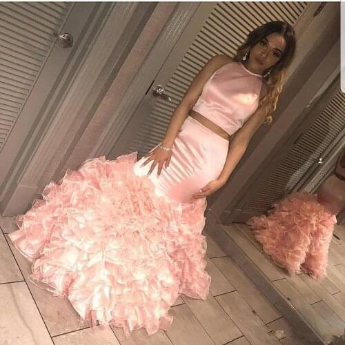 Pink Two Piece Prom Dresses Mermaid Jewel Neck Ruffles Backless Special Occasion Dresses Formal Evening Dresses Wear Vestidos