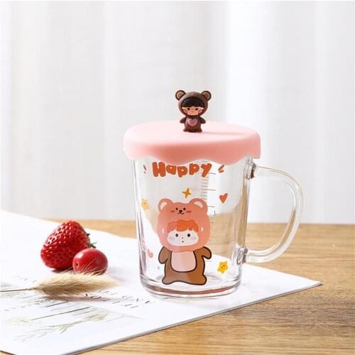 380ml Glass Cup with Lid More Thicken 4 Types Cute Cartoon Pattern Water Cup for Home
