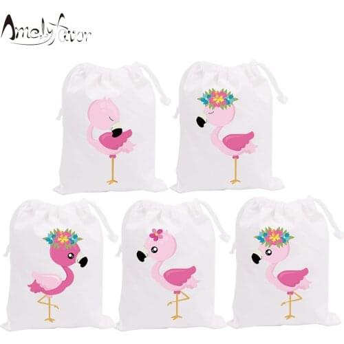 Flamingo Theme Party Favor Flower Bags Candy Bags Holiday Vacation Birthday Gift Bags Animals Party Decorations Supplies 5PCS
