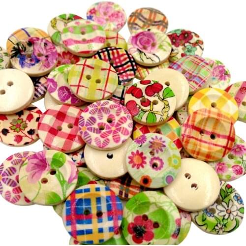 50 Colorful Vintage Flower Check Wooden Buttons Embellishment Craft DIY 20mm