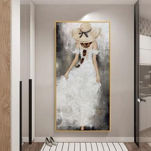 Free Shipping Abstract Hand-Painted Oil Painting Decorative Simple Nordic Model Room White Dress Girl For Living Room Bedroom
