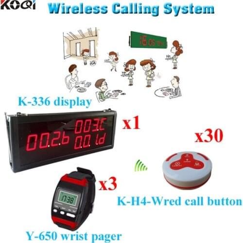 Wireless Calling System Top Popular Restaurant Pager Customer Ordering (1 display 3 wrist watch 30 call button)