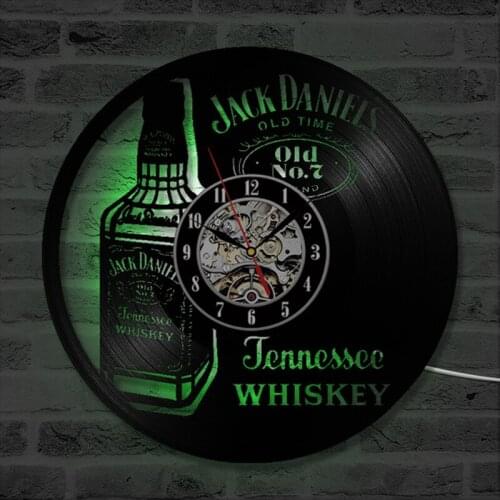 A Bottle of Whiskey Beer Wall Clock Modern Design Vintage Vinyl Record Clocks LED Lighting Wall Watch Home Decor for Beer