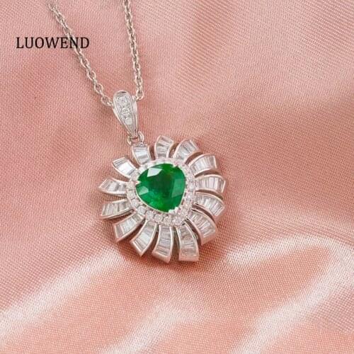 LUOWEND 18K Solid White Gold Pendant Necklace Real Natural Diamond Women Engagement Necklace