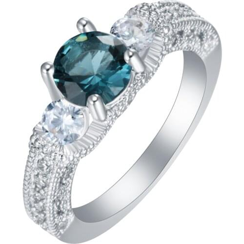 Hainon Fashion Silver Color Ring Womens 5mm Round Blue Zircon Crystal Engagement Ring Jewelry Ring Distribution