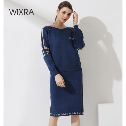 Wixra Women 2 Piece Set Knitted Tracksuit Letter O-Neck Top+Elastic Waist Straight Slim Skirt Sweater Suits 2021 Autumn