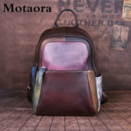 MOTAORA Genuine Leather Vintage Women Backpack 2021 New Hand-painted Panelled Retro Bags Ladies Leisure Travel Backpack Mochila