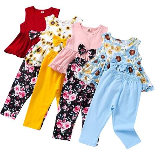 2Pcs Little Girls Outfit, Sweet Style Lace Bow Decoration Sleeveless Round Collar Vest + Floral Printing/Solid Color Long Pants