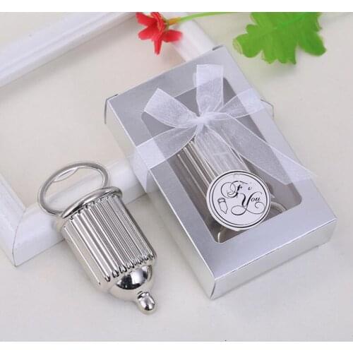 Feeding Bottle Opener Babys Bottle Shaped Opener Gift Box Packing Wedding Favors Childrens Full Moon Gift LX4552