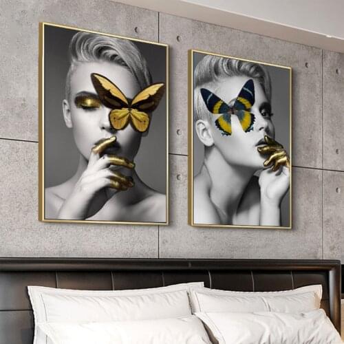 Black Gray Naked Nude Girl Gold Deer Antler Poster and Prints Nordic Living Room Wall Art Picture Home Bar Decor Canvas Painting
