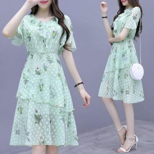 Popular Knee-length Sweet Floral Print Chiffon Lotus Leaf Short Sleeve Scoop A-line Blue Green Plus Size Cocktail Dresses 9428