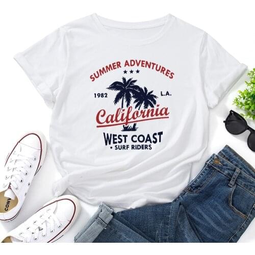 S-5XL Plus Size 100%Cotton Women Tee Shirts Coconut Tree Printed TShirt O Neck Short Sleeve T-shirts Streetwear Tops Clothing