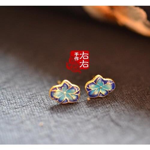 S925 pure silver palladium gold lotus leaf Jingjing Tai blue burning blue classical ancient wind Chinese wind silver stud earrin