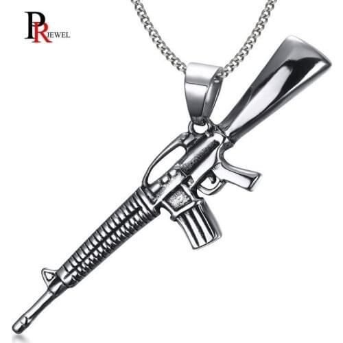Stylish M16 Gun Style Necklaces for Men Stainless Steel Pendant Male Jewelry Free Chain 24"