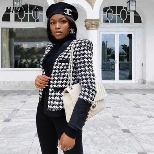 High Quality Houndstooth Tweed Jacket 2020 New Womens Jacket Slim Fit Ladie Coat Open Stitch Cardigan Jacket OL Office Jacket