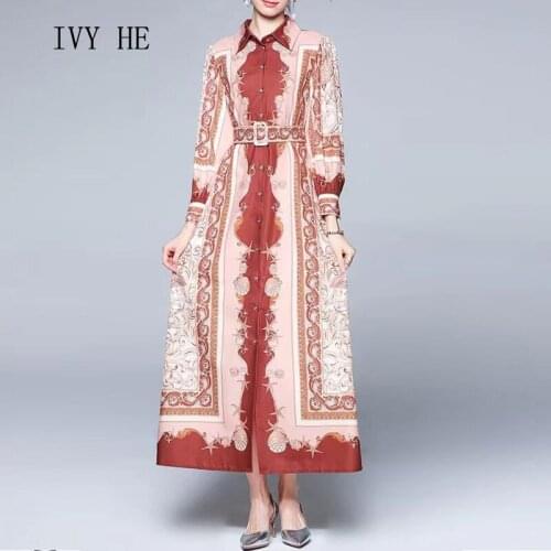 IVY HE High Quality Autumn Dress Woman Clothing Elegant Single Breasted Printed Blouse Loose Waist Vintage Party Dresses Traf ZA