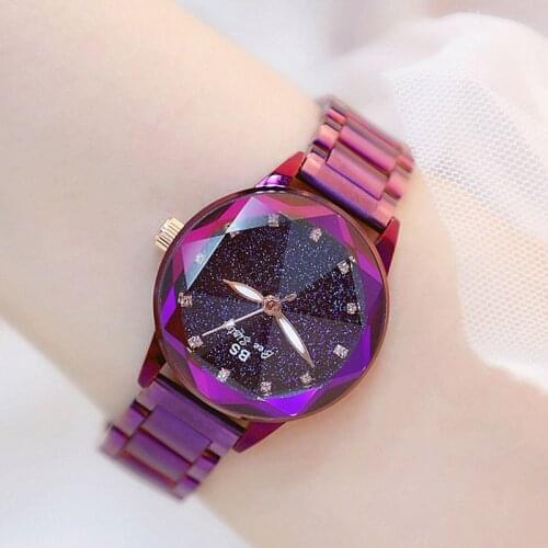 Fashion Stainless Steel Quartz Watch Starry sky dial Crystal Watch Women Shinning Multi Cutting Surface Mirror Women Watch