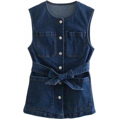 Za New Denim Vest Coat Women Spring Autumn Sleeveless O Neck Slim Jacket Outerwear With Belt XITIMEAO