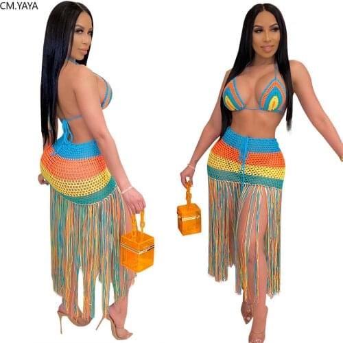 CM.YAYA Women Summer Beach Rainbow Crochet Sexy Beach Two Piece Set Bra Crop Top Tassle Bodycon Skirts Suit Tracksuit Outfit