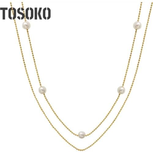TOSOKO Stainless Steel Jewelry Pearl Double Layer Necklace Womens Retro Simple Clavicle Chain BSP165