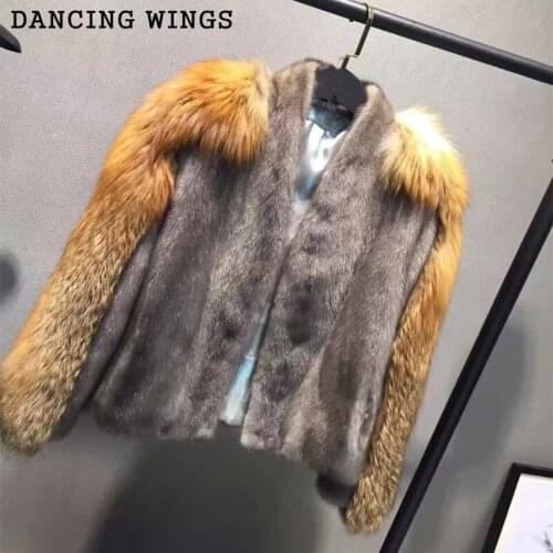 Runway Style Womens Natural Fur CoatS 100% High Quality Real Red Fox Patchwork Whole Skin Mink Fur Winter Short Coat Women