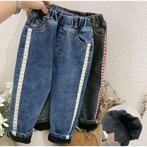 Winter New Kids Pants 2021 Baby Girls Plus Velvet Thick Jeans Casual Love Print Slim Wam Denim Pants For Girls Baby Trousers