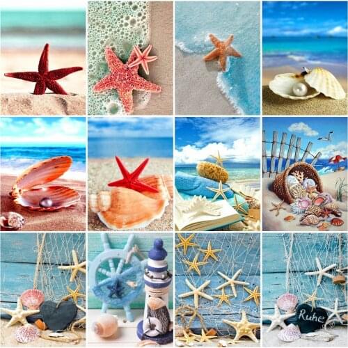 AZQSD Full Drill Diamond Painting Shell Starfish Seaside Cross Stitch Diamond Embroidery Landscape Mosaic Handmade Home Decor