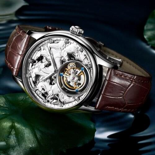 SEAKOSS Luxury Zodiac Horse Skeleton Mechanical Watch Mens High-end Tourbillon Movement Men Watches Diamond Leather Male Clock