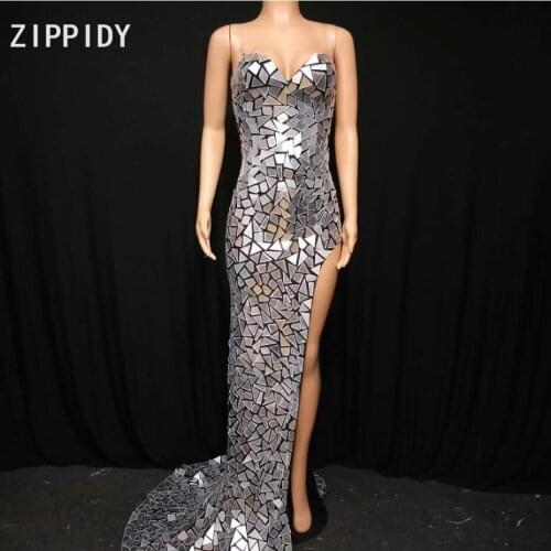 New Silver Flashing Mirror Tail Long Dress Bar Stage Wear Birthday Celebrate Dance Dress Women Singer Dresses
