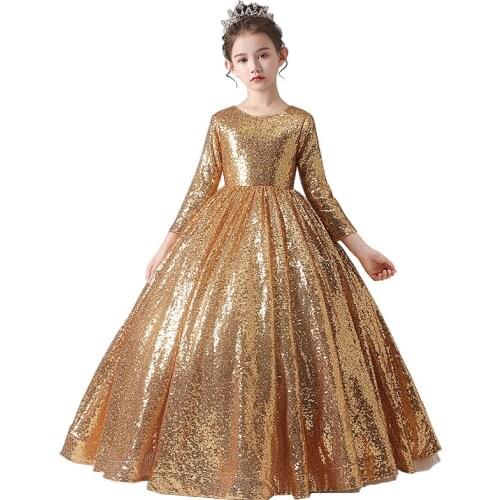 Little Girls Golden Sequins Ball Gown Solid Flower Girl Dress Gorgeous Pageant Wedding Party Princess Dress for Kids Baby 3-12Y