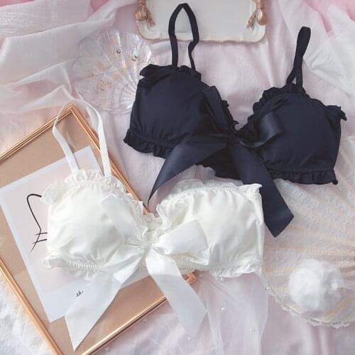 French girl retro bow bra cute loli cotton underwear soft girl small chest no steel ring bra set fairy lace sweet underwear
