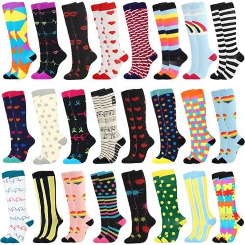 Men&Women Compression Socks Leg Support Stretch Outerdoor Breatheable Colorful Heart Skull Stripe Knee High Sock Chirstmas Gift