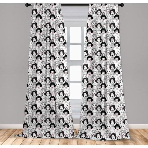 Red and Black Curtains Fashion Week Inspired Sketch Art Design Young Women Models with Lipsticks Window Curtains for Living Room