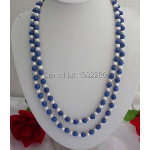 ! fashion DIY jewelry 8mm Lazuli Lapis & white pearl Necklace 65" JT5735