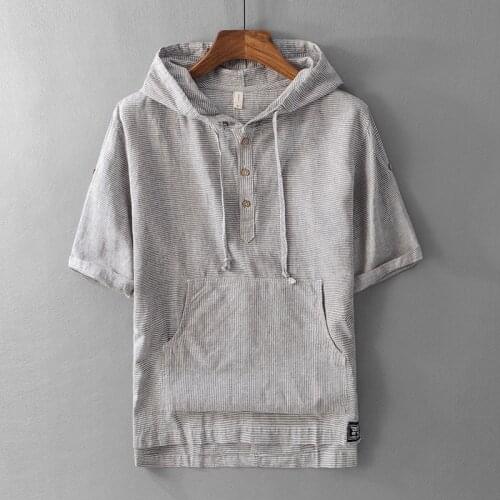 Summer Fashion Men Shirts Hooded Collar Half Length Sleeve Linen Shirts Men Cotton Tee Pullover Vintage Casual Stripe Shirts