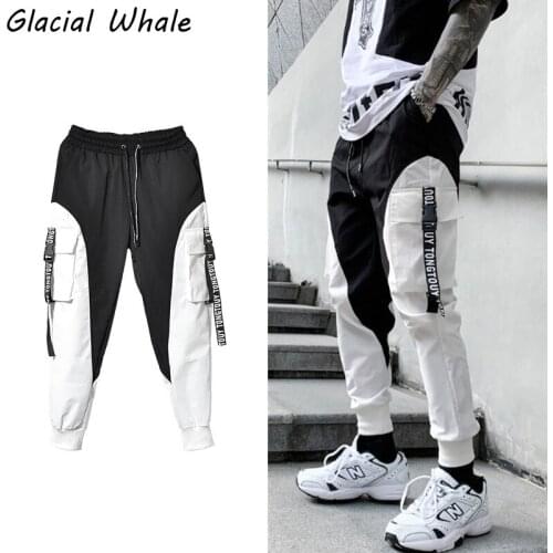 GlacialWhale Mens Cargo Pants Men Slim Fit New Pockets Joggers Hip Hop High street Patchwork Streetwear Trousers White Pants Men