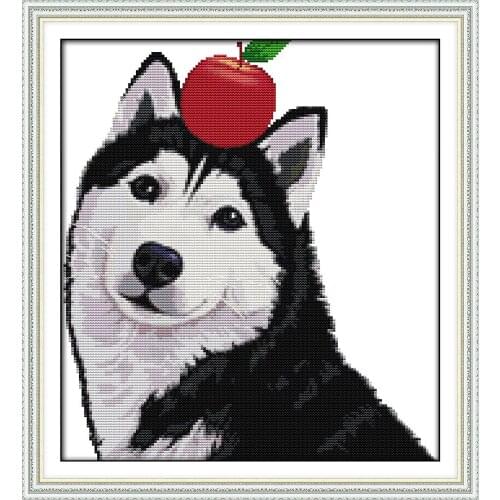 Apple huskies cross stitch kit animal dog Pattern printed on canvas fabric DMC embroidery handmade needlework craft supplies