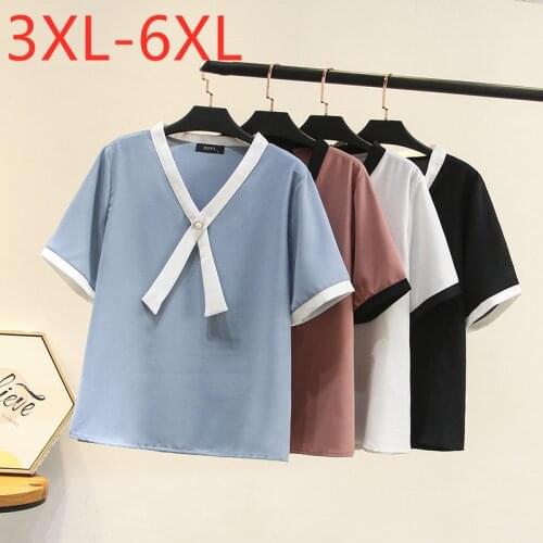 New 2021 Ladies Summer Plus Size Tops For Women Large Short Sleeve Loose Blue White Ribbon V-neck T-Shirt 3XL 4XL 5XL 6XL