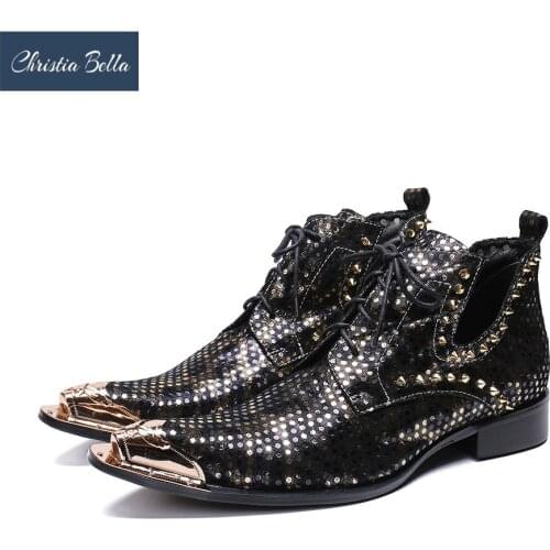 Christia Bella New Fashion Autumn Rivets Men Shoes Genuine Leather Boots Metal Pointed Toe Boots Big Size Lace up Ankle Boots