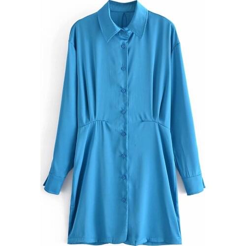 New Women Pleated Satin Shirt Dress Vogue Long Sleeves Button-up Chic Lady Short Dresses Woman Robe