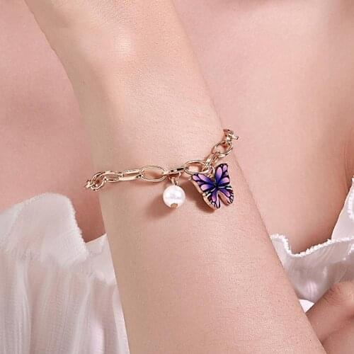 New simple fashion sweet color butterfly bracelets Women Multicolor Butterfly Bracelet Faux Pearl Chain Bracelet Jewelry Gift
